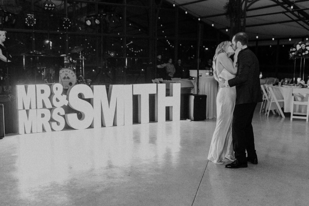 Bride and groom sharing a private last dance before exiting their wedding.