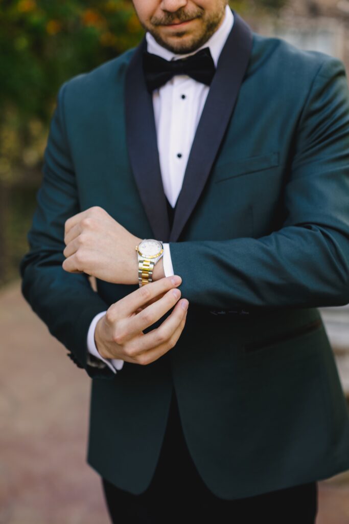 Detail shot of the groom in his wedding tux captured by his Kansas City Wedding Photographer.