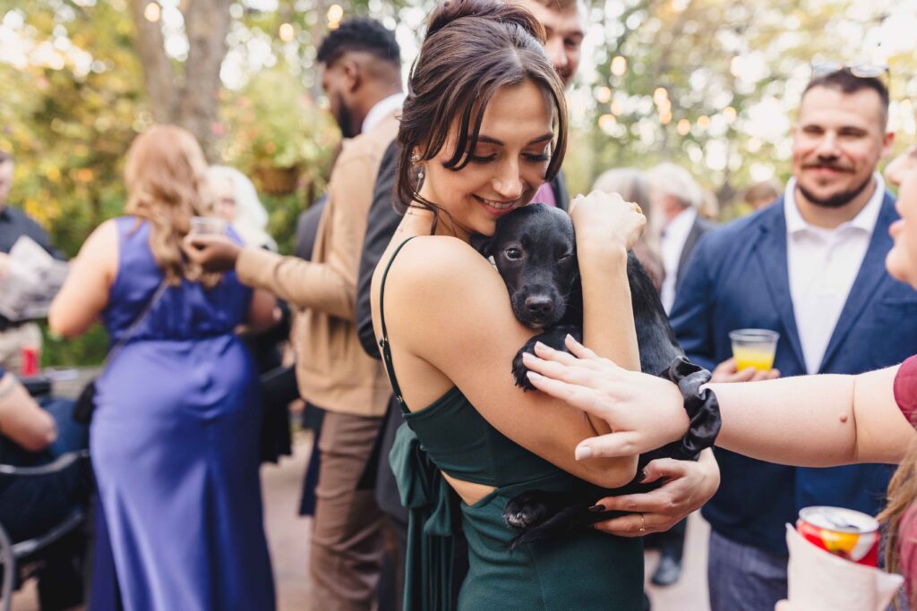 A wedding guest holding a puppy during happy hour.