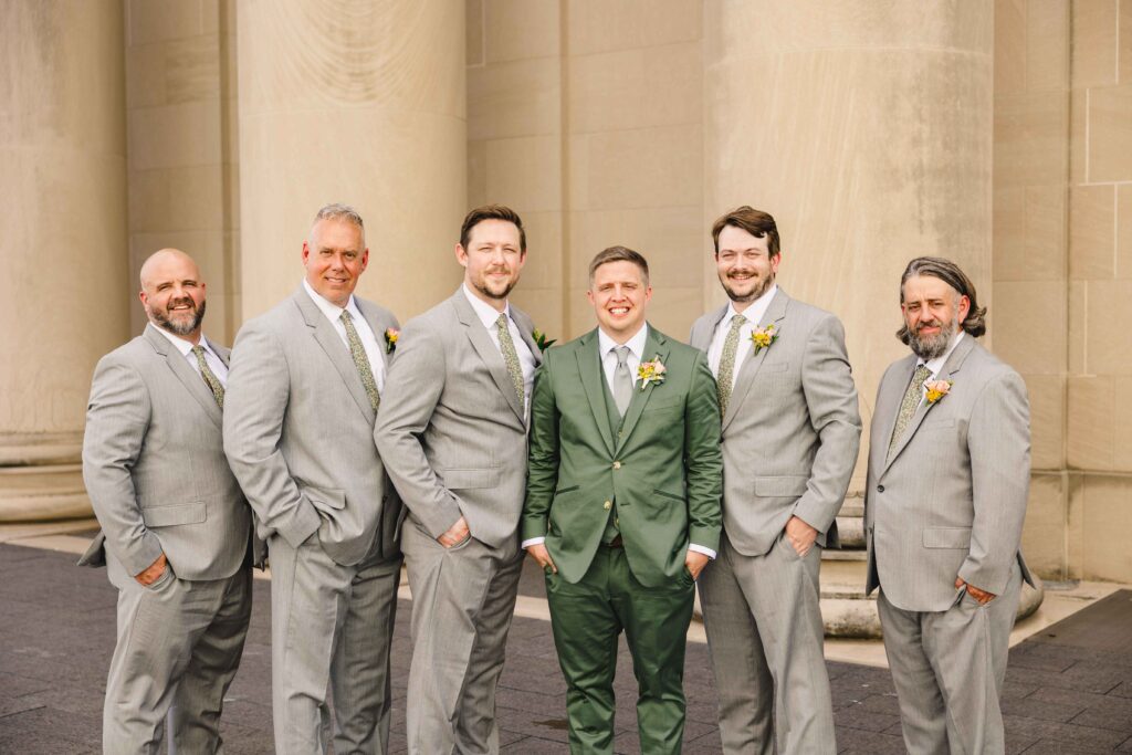 Formal photo of the groom and groomsmen.