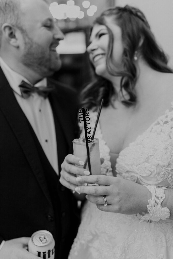 Bride and groom looking at each other intimately. 