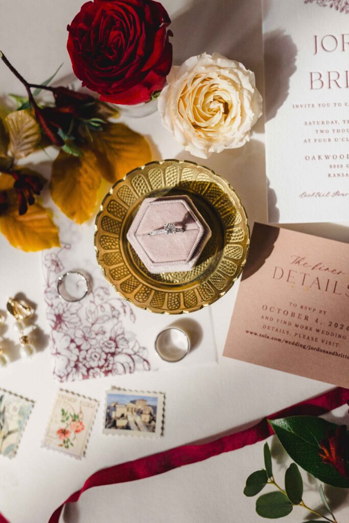 Close up of wedding rings and wedding stationary. 