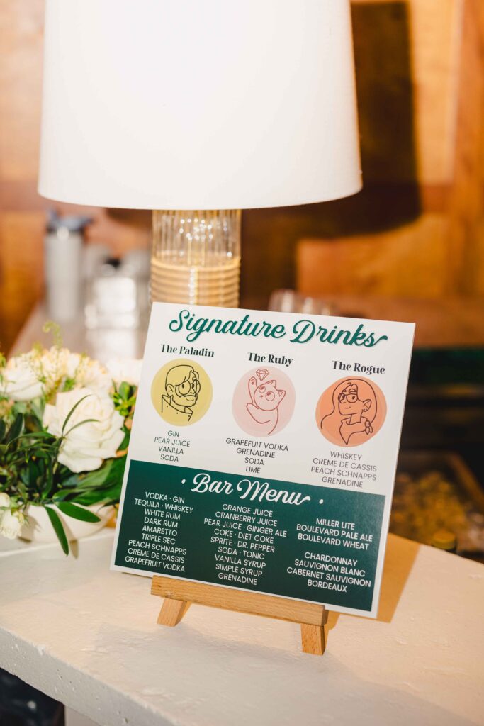 Drink menu signage for the wedding reception at The Magnolia Brookside.