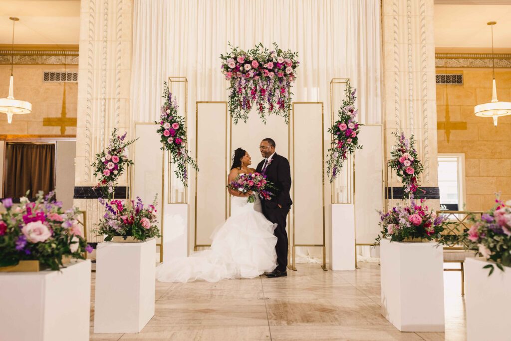 Bride and groom at their elegant wedding at The Grand Hall at Power & Light.