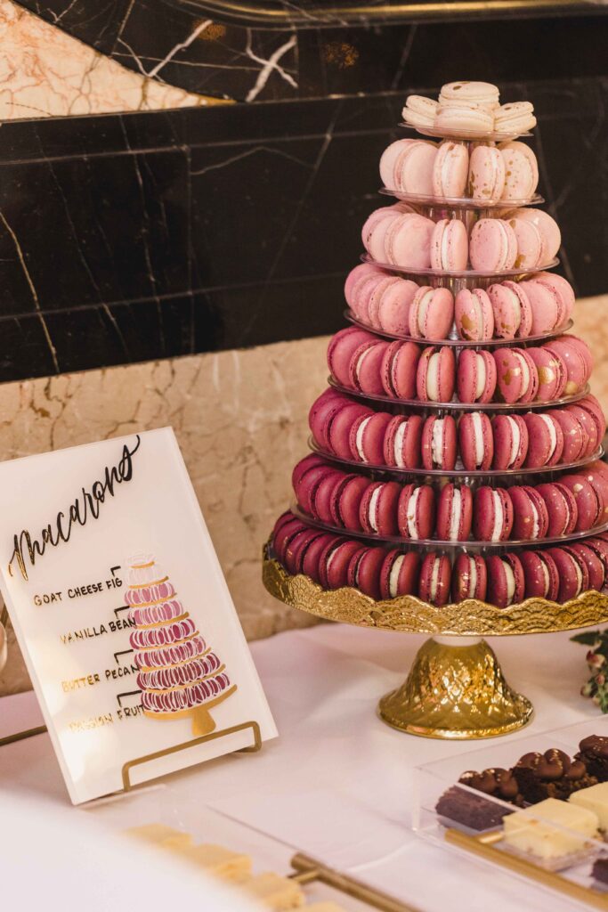 Macaroon tower for dessert at the wedding reception.
