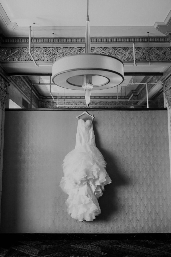 The bride's dress handing at The Grand Hall at Power & Light.