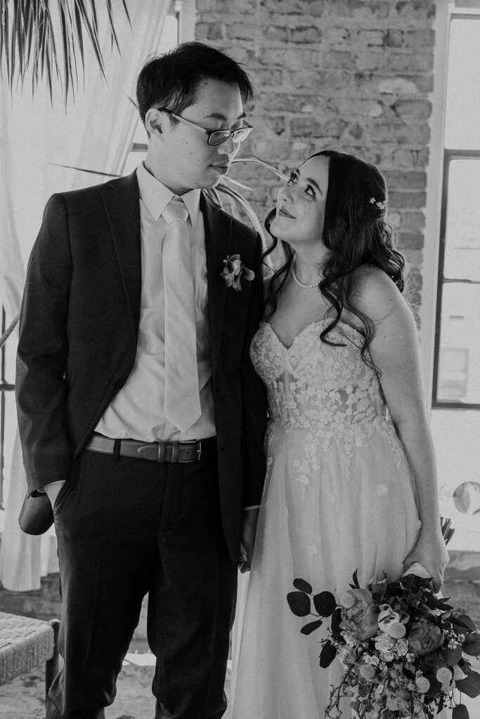 bride and groom black and white photography