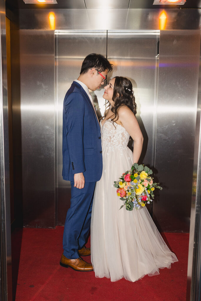 bride and groom elevator pictures