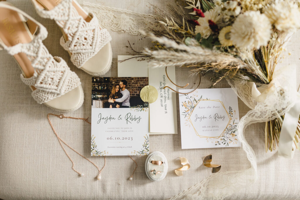 wedding invitations and details flat lay photos
