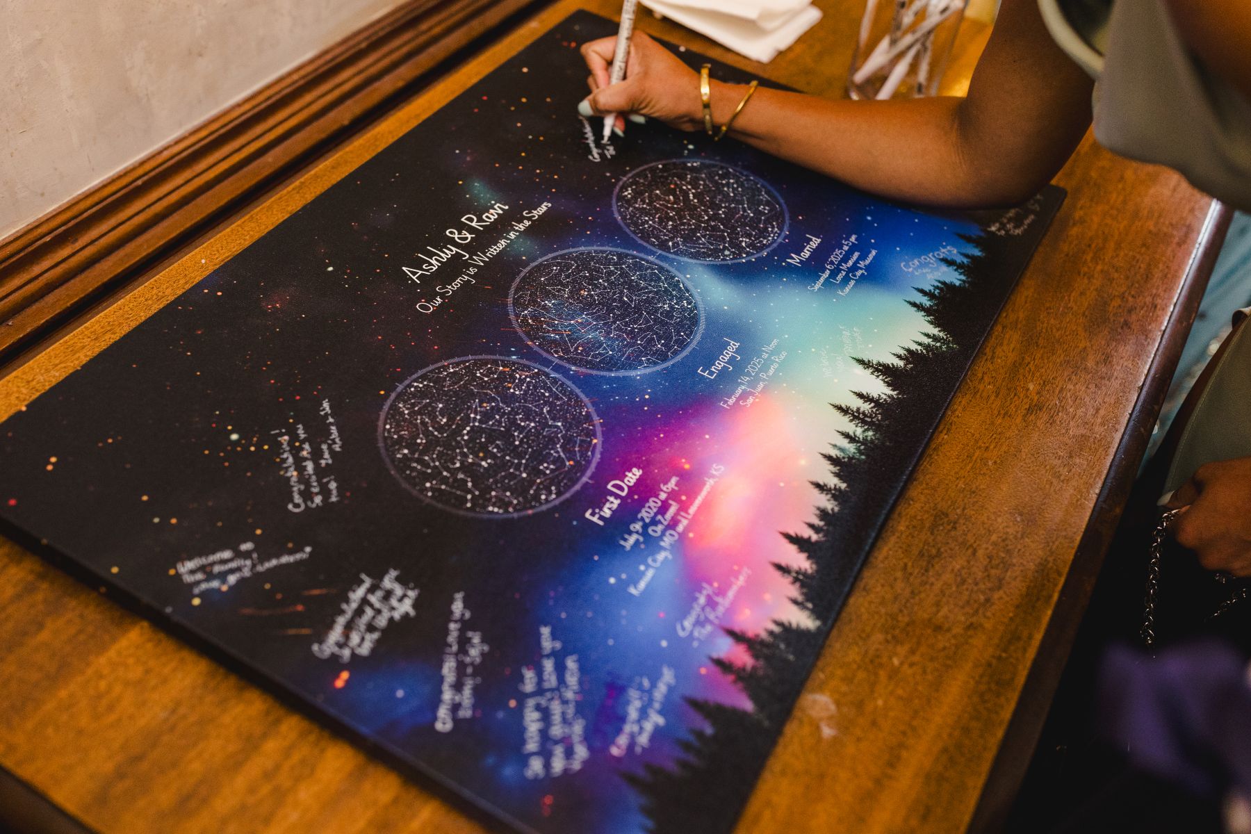 wedding guests signing decorate art for a couple at their reception 