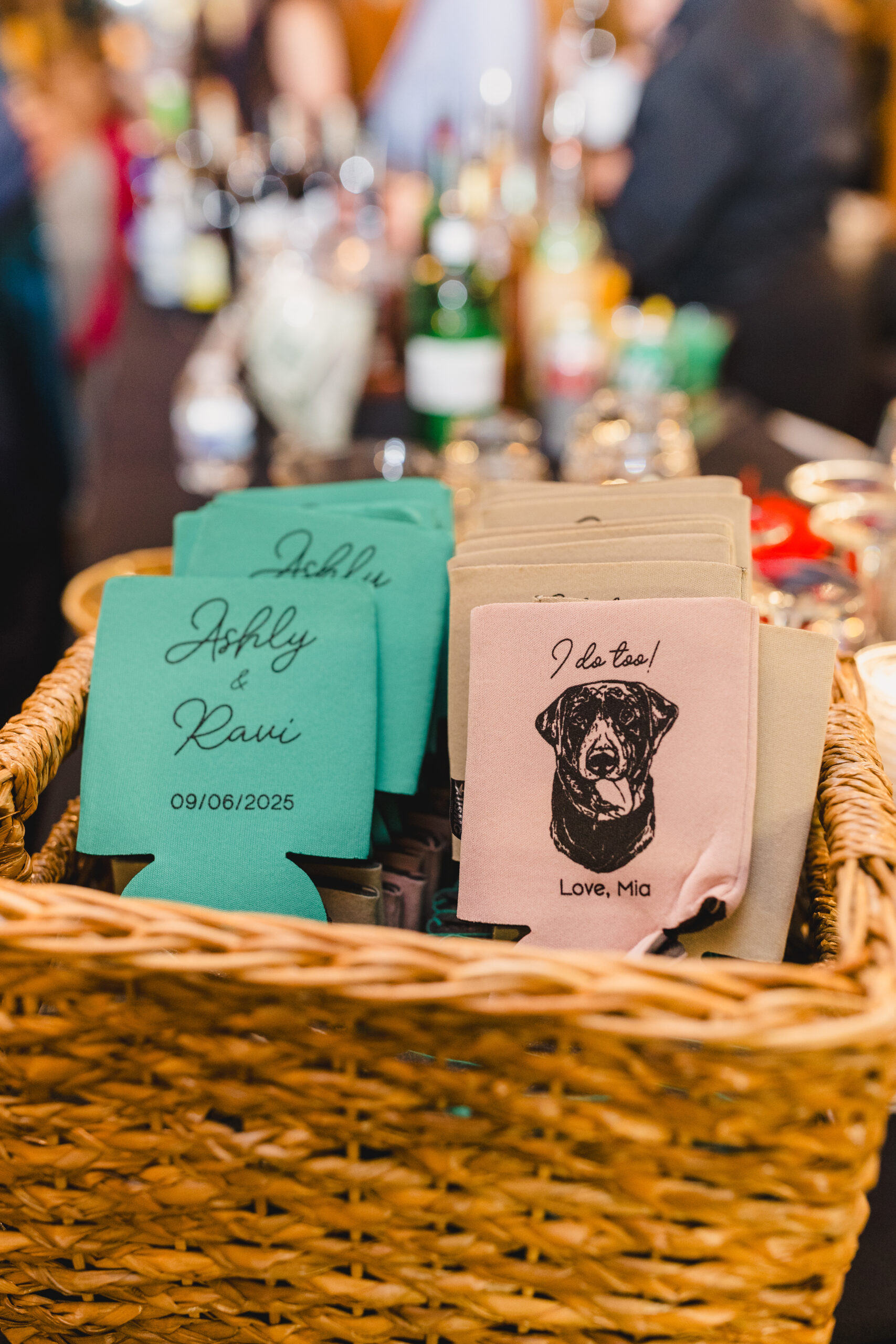 koozies inside of a basket for a cocktail hour 