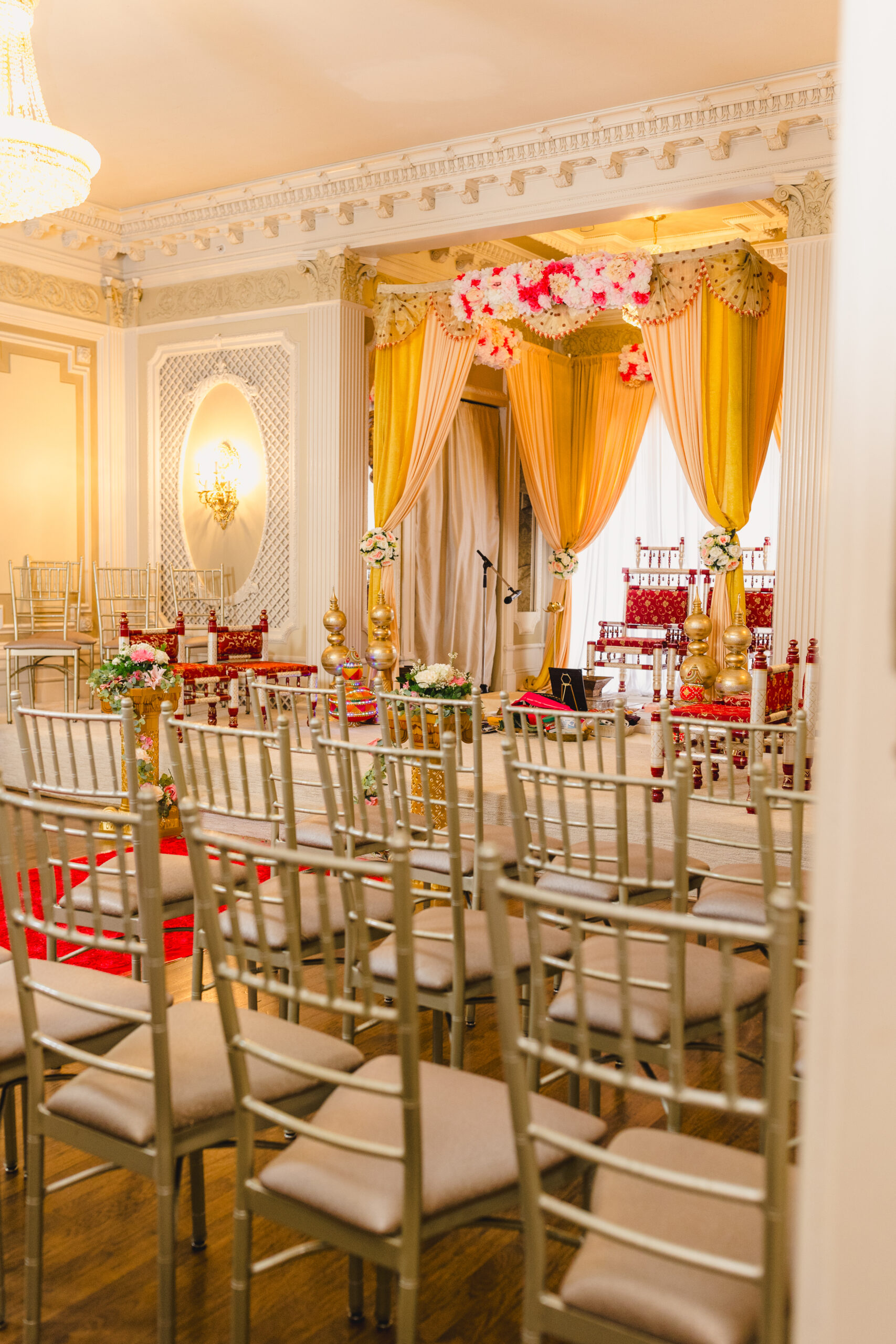 a room inside of loose mansion in kansas city set up for a wedding 