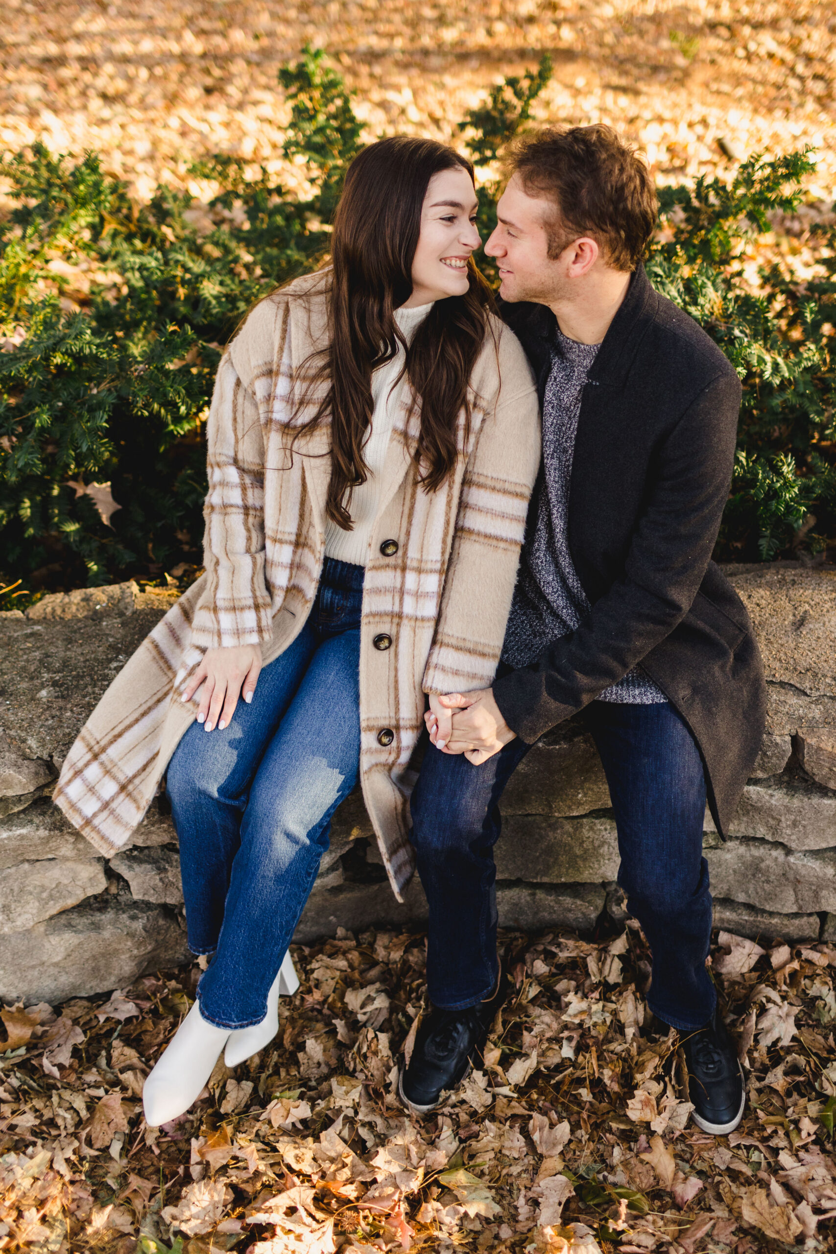 a couple sitting on a stone wall together holding hands and smiling at one another during their fall engagemetn session 