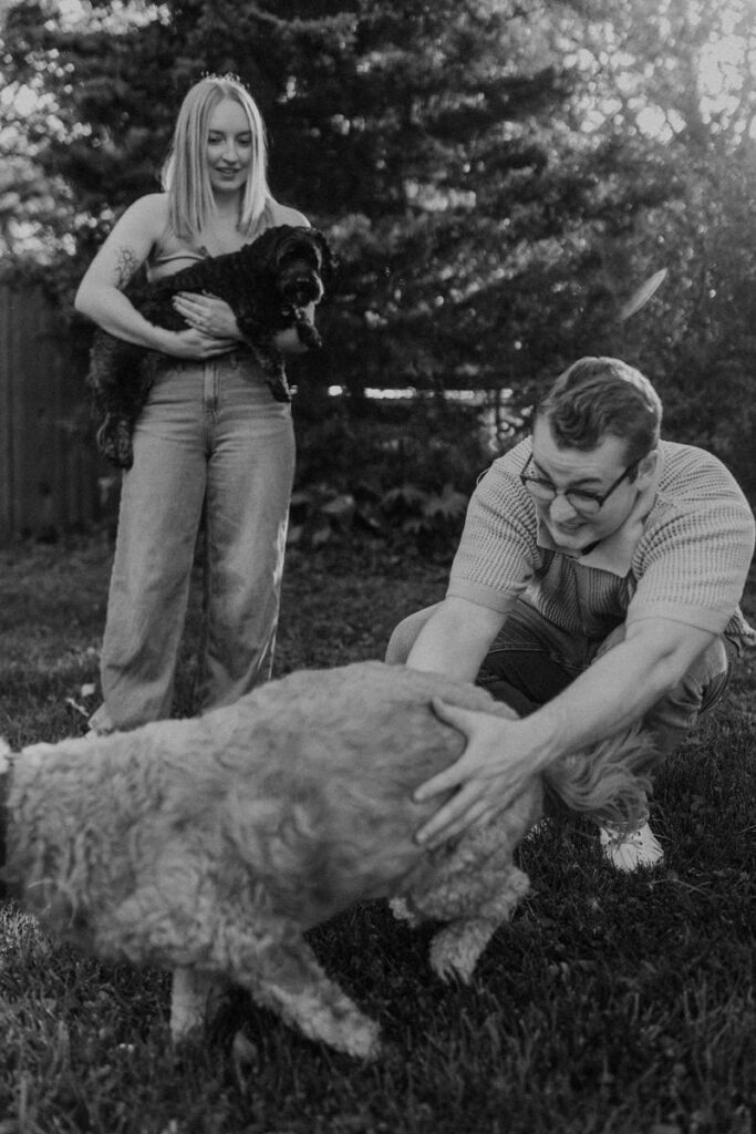 A person holding a dog and smiling at their partner on the ground with another dog