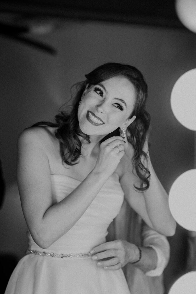 Bride getting ready in the historic green room at Madrid Theatre in Kansas City