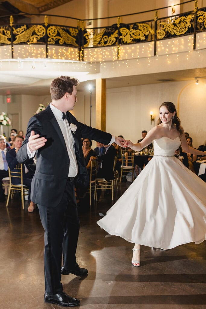 Couple dancing at Madrid Theatre wedding reception in Kansas City