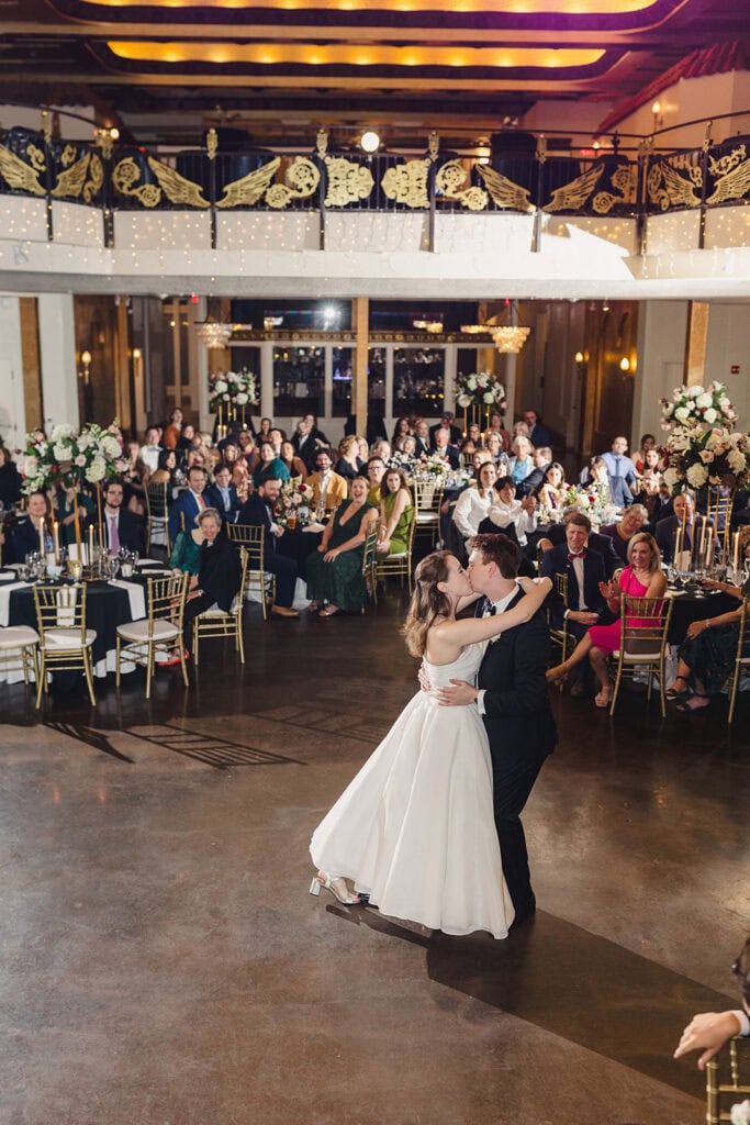 Bride and Groom sharing first dance at Madrid Theatre in Kansas City