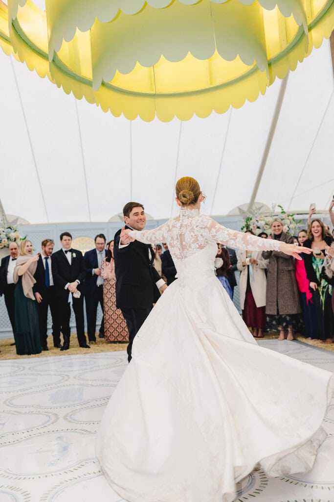 First dance on custom built dance floor at Admiral's House wedding