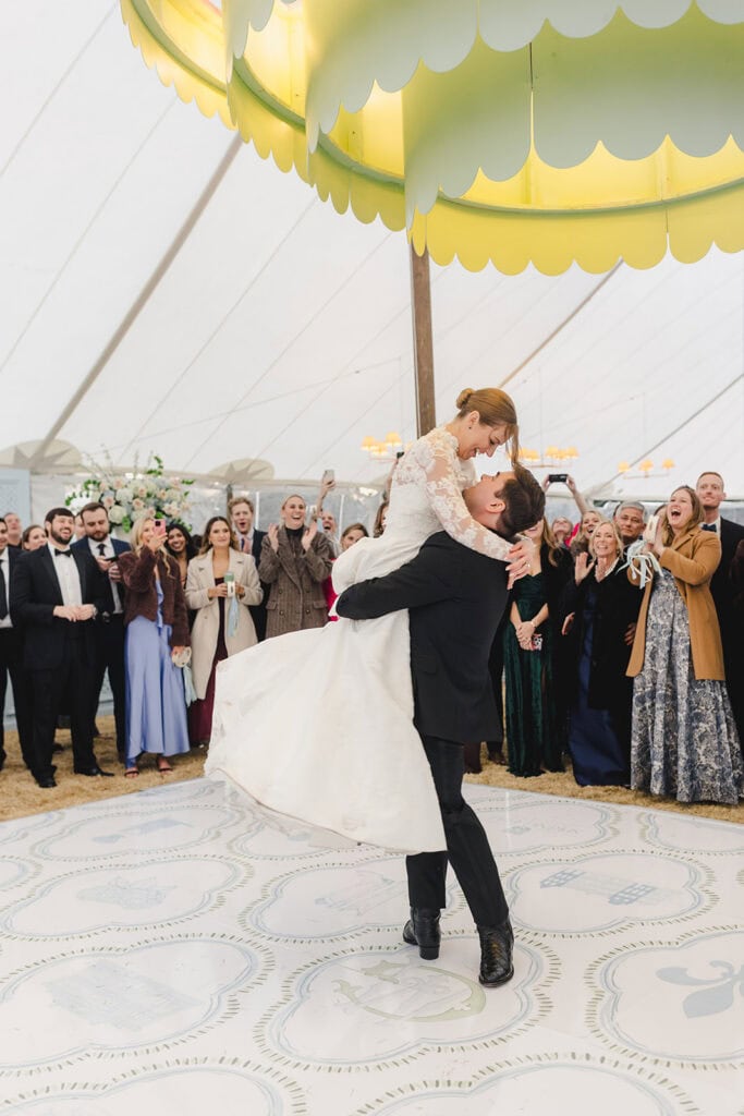 First dance on custom built dance floor at Admiral's House wedding