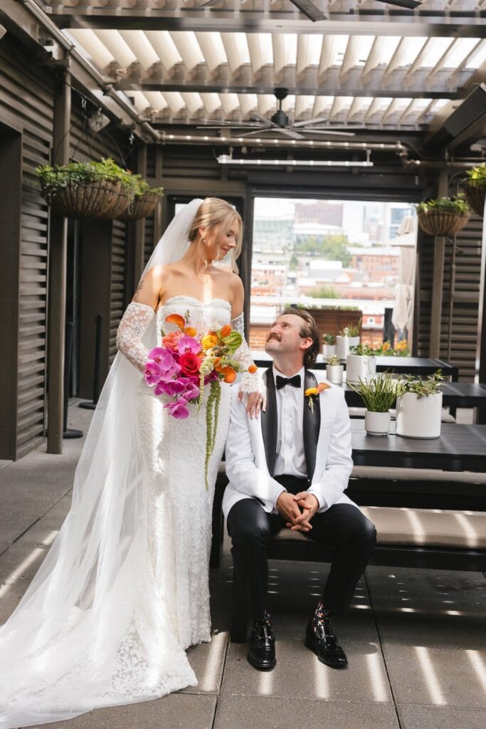 Bride and groom first look rooftop Crossroads Hotel Kansas City
