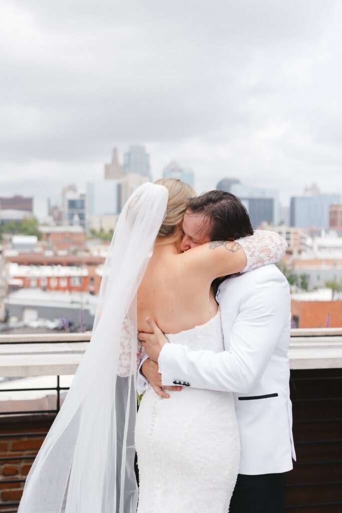 Bride and groom first look rooftop Crossroads Hotel Kansas City